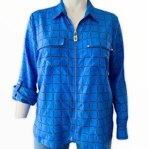 Michael Kors Chain Link Blue Zip Up Blouse